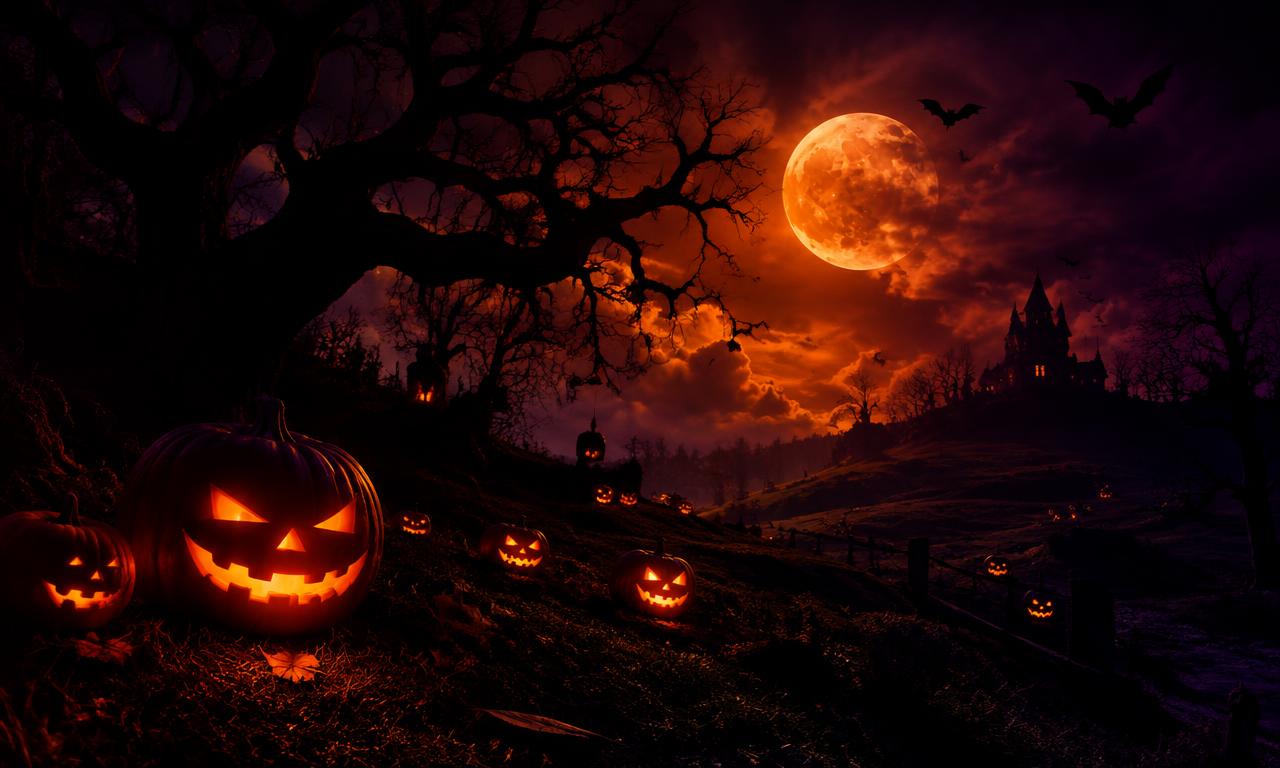 Glowing jack-o-lanterns under a full moon